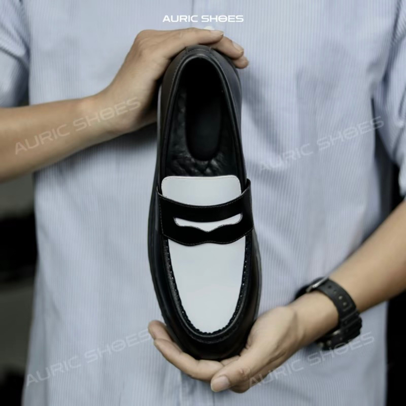 Giày Penny Loafer trắng đen form classic - Đế cao su tăng 4cm chiều cao - Tặng kèm lót tắng chiều ca