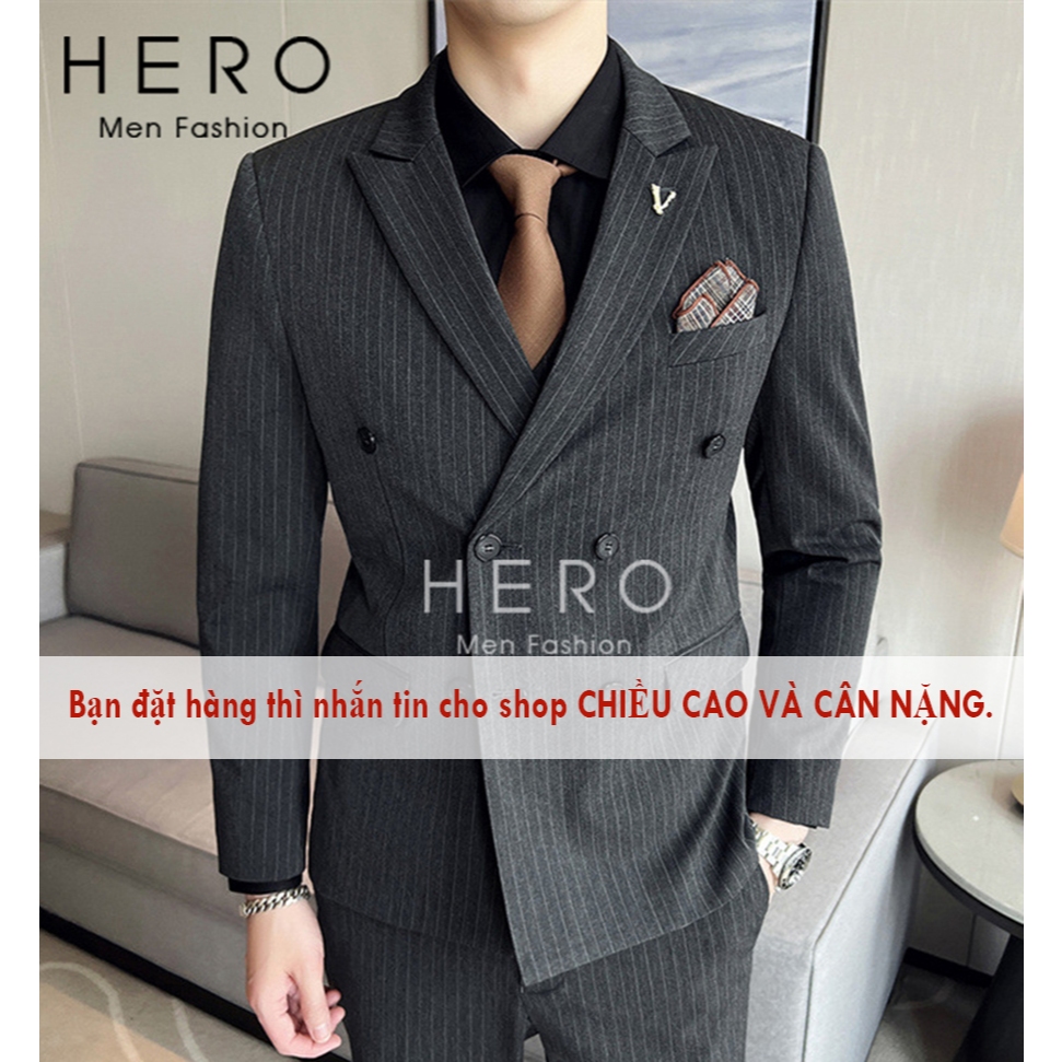 Vest Nam Kẻ Sọc Ghi, Bộ Vest Nam Hàn Quốc Kẻ Sọc Xám, Suit Nam Cao Cấp Kẻ Sọc