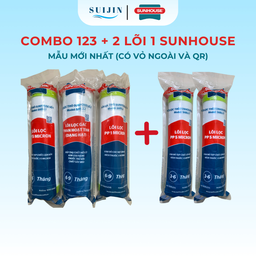 Combo 4 Đến 5 Lõi Lọc Thô Sunhouse Gồm Bộ Thô 123 + 1 Lõi 1 (Hoặc 2 Lõi 1) Dùng Cho Máy Lọc Nước RO