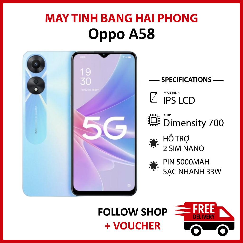 Điện thoại Oppo A58 5G RAM 6/128GB chip Dimensity 700 màn Full HD+ dung lượng pin 5000 mAh hỗ trợ sạ