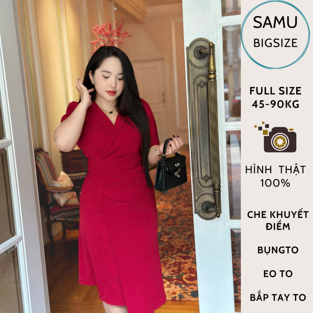 Đầm bigsize nữ dáng dài cổ vest có tay 45-90kg thiết kế sang chảnh SAMU BIGSIZE chất vải cao cấp