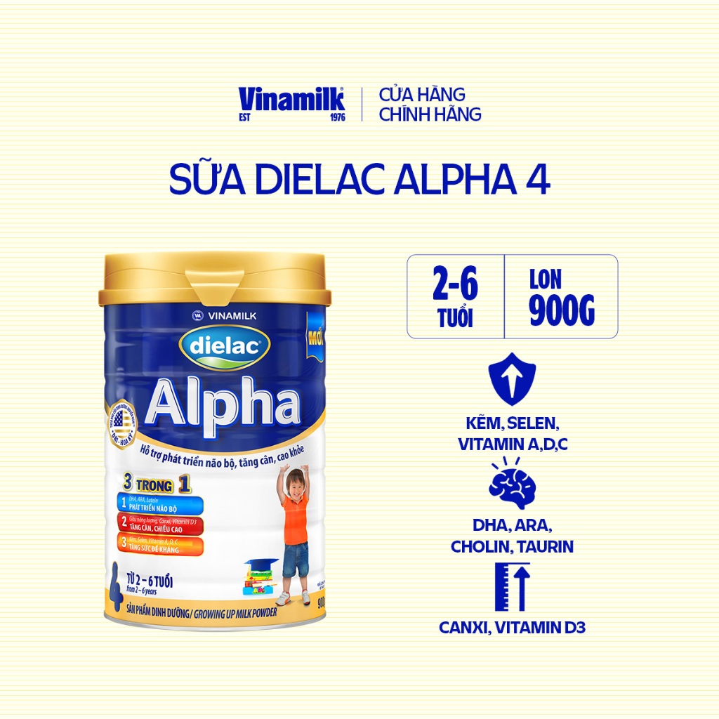 Hộp Sữa bột Vinamilk Dielac Alpha 4 - Hộp thiếc 900g (cho trẻ từ 2- 6 tuổi)
