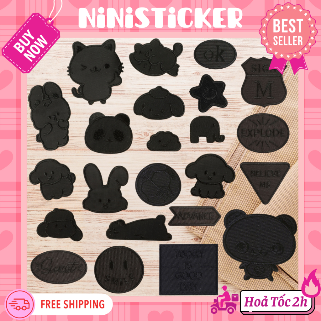 Iron Patch, Miếng Ủi Thêu Quần Áo, Sticker Vá Đồ Rách Màu Đen Chó Mèo Thỏ Gấu Balck Ninisticker