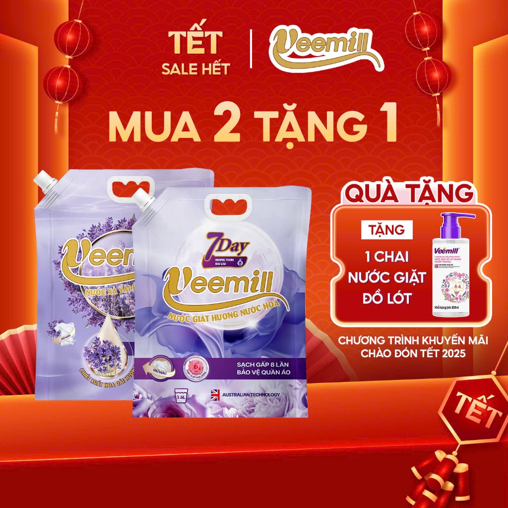 Nước Giặt Hương Nước Hoa 3,6 Lít Veemill Chiết Xuất Hoa Oải Hương và Hoa Hồng Giặt Sạch Lưu Hương Lâ