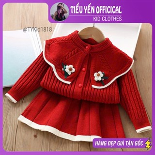 Quần áo trẻ em, Set len đỏ bé gái mặc Noel - Tết, len dày mềm đẹp cho bé 9-27kg S1818 | Tiểu Yến KID