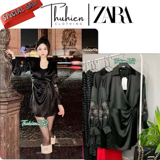 (Chính hãng size XS)Váy mini ZARA 8741/271/800 lụa đen thêu hoa lớn hai tay dài(kèm ảnh thật)