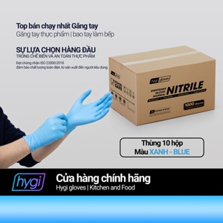 Thùng 10 hộp găng tay thực phẩm nitrile Hygi Kitchen and Food, không bột, màu xanh