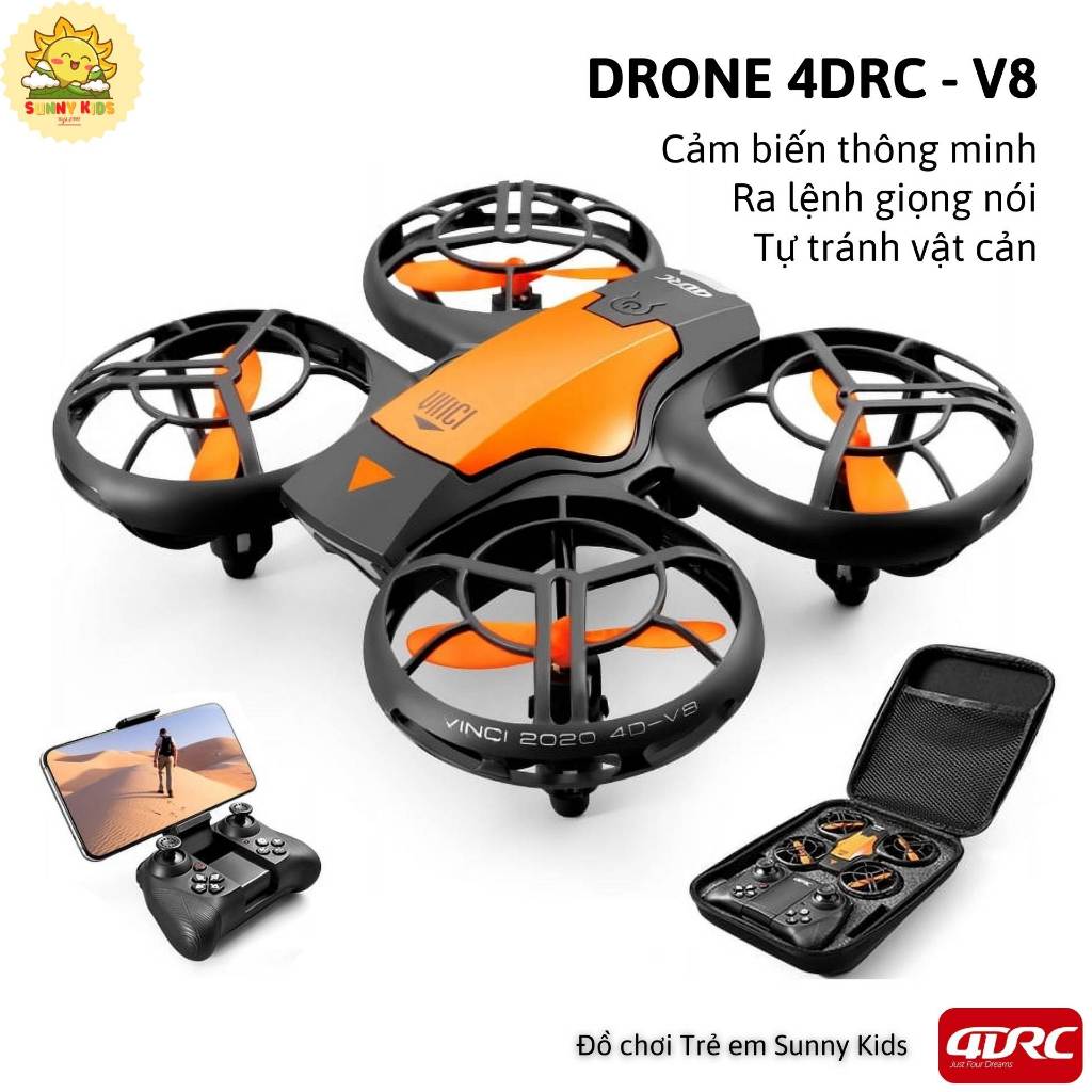 Drone Đồ Chơi Điều Khiển Từ Xa 4D-V8, Tự Tránh Chướng Ngại Vật, Điều Khiển Bằng Giọng Nói, Vỏ Bảo Vệ 360 độ - Sunny Kids