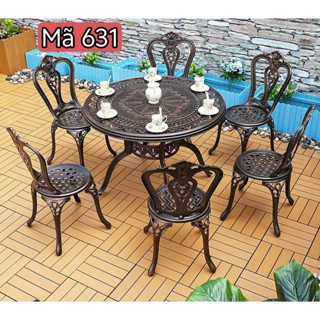 Bộ bàn ghế nhôm đúc sân vườn nhập khẩu 6 ghế trái tim 1 bàn tròn 100cm