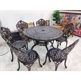 bàn ghế sân vườn nhôm đúc 6 ghế 1 bàn tròn 100cm nhập khẩu mẫu hoa lan