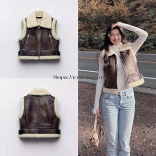 (SẴN) Áo gile ZR nữ da nâu đậm dáng ngắn lót lông kèm đai fulltag (Ảnh thật dưới mô tả)