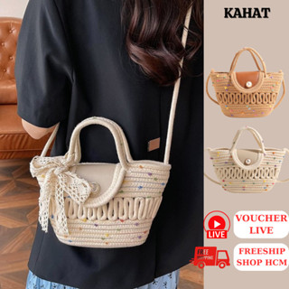 Túi Cói Đi Biển Đeo Chéo Nữ Vintage KAHAT đan thủ công kiểu dáng handmade du lịch có khóa tiện lợi