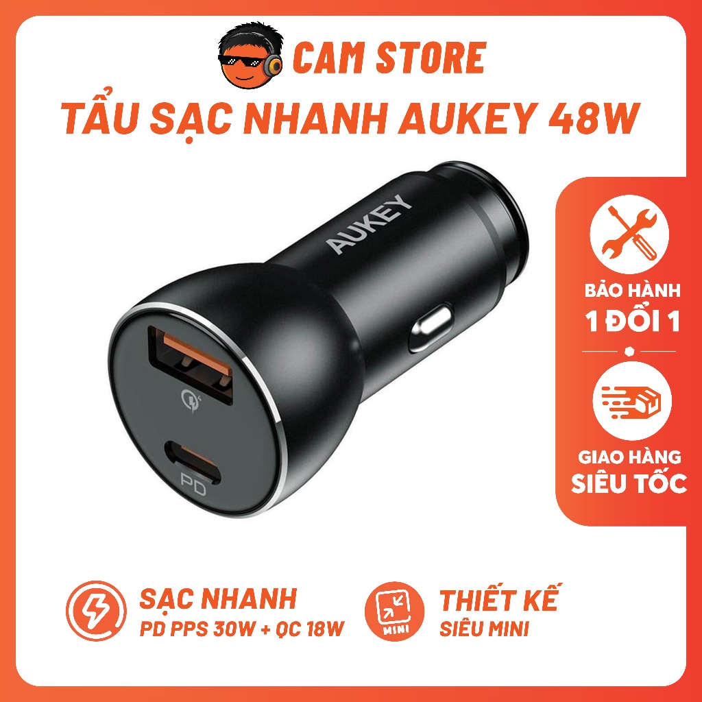 Tẩu Sạc ÔTÔ AUKEY 48W - Thiết Kế Siêu Nhỏ, Sạc Nhanh 30W + QC 18W Phụ Kiện Xe OTO, Sạc Điện Thoại Xe