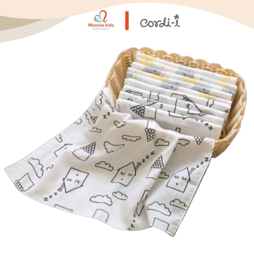 Set 10 khăn sữa sợi tre 2 lớp cho bé Cordi-i 35x35cm, khăn sữa xô cho bé sơ sinh - Monnie Kids