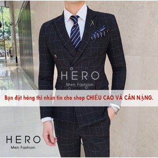 Bộ vest nam hàn quốc kẻ caro đen, bộ suit nam kẻ caro đen