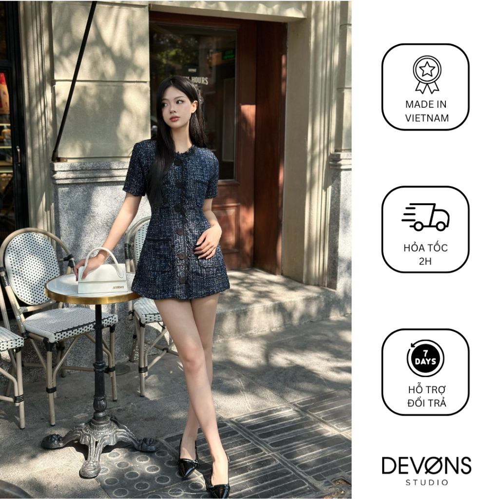 Indigo Round Tweed Dress - Devons Studio