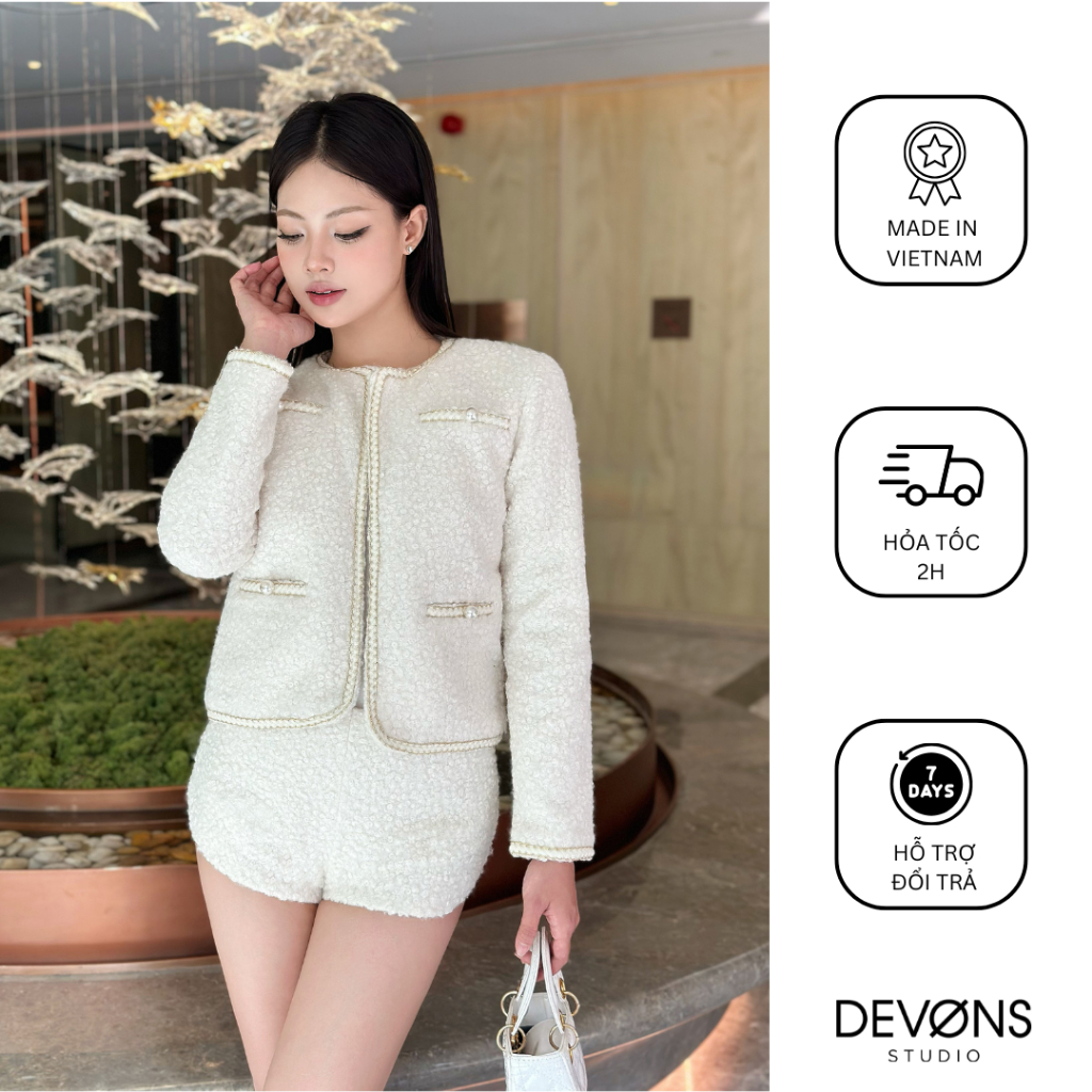DEVONS STUDIO Áo khoác thu đông vải len tay dài form ngắn - Flat Wool Jacket