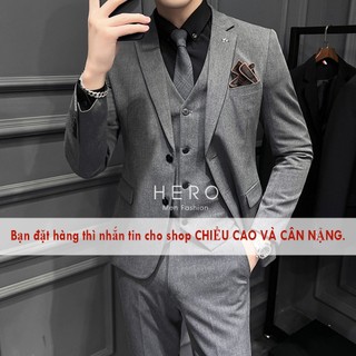 Bộ vest nam cao cấp 2 cúc màu ghi tối, kiểu dáng ôm body Hàn Quốc, Bộ suit nam Hàn Quốc vải sịn