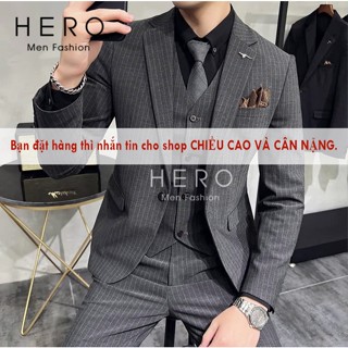 Vest Nam Hàn Quốc Kẻ Sọc Xám, Bộ Vest Nam Kẻ Sọc Xám, Suit Nam, Bộ Suit Nam Chất Vải Sịn