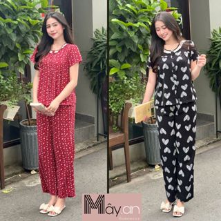 Đồ mặc nhà Mây áo lụa lạnh Hàn quốc cổ sen ren trắng họa tiết hoa nhí quần dài