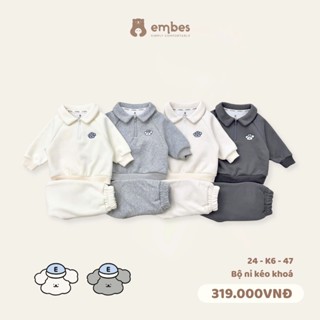 Bộ Nỉ Cho Bé Embes, Bộ Nỉ Thu Đông Cổ Bẻ Phối Khóa Kéo Chất Nỉ Bông Dày Dặn Cho Bé Size Từ 8kg-18kg