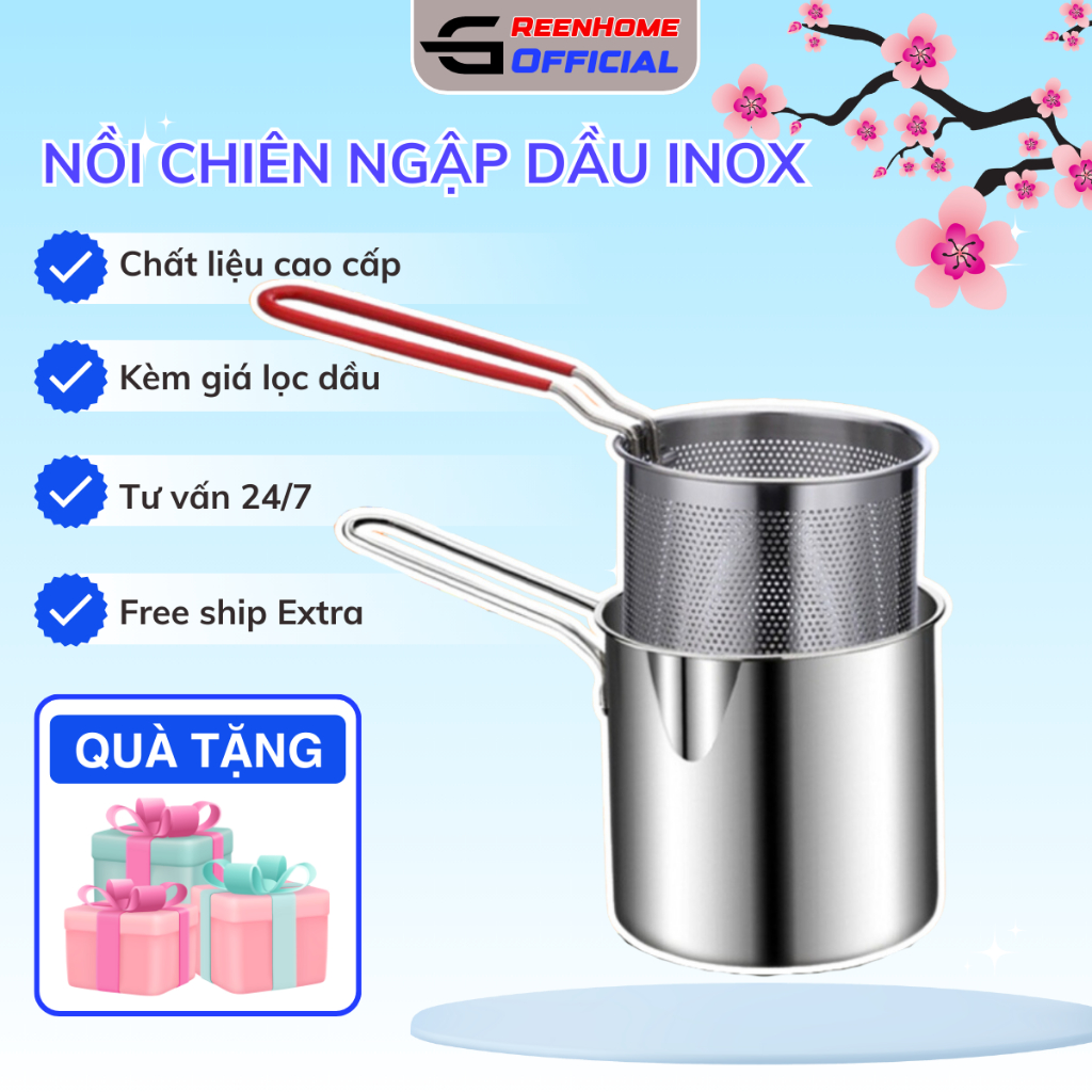 Nồi chiên ngập dầu chất liệu INOX 304 chống rỉ cao cấp, dùng được bếp từ có tay cầm an toàn.