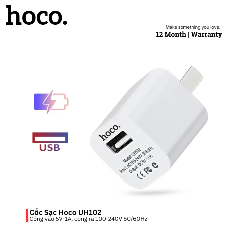 Hoco Chính Hãng - Củ Cốc Sạc Hoco UH102 Chính Hãng, Cao Cấp, Cổng USB - Cho Điện Thoại