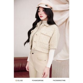  Áo khoác dạ tweed sọc trắng be túi ốp thiết kế Elise FW2306006OCTWBE 