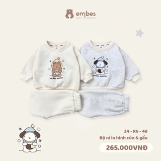 Bộ Nỉ Dài Tay Cho Bé Embes, Bộ Nỉ In Hình Chất Nỉ Bông Dày Dặn Cho Bé Mặc Thu Đông Size 8kg -18kg