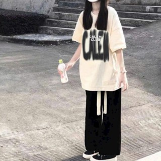  Sét Bộ Quần Ống Rộng Dáng Dài + Mix Áo Phông loang Phom rộng chữ CALEM 