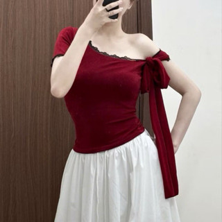 [ CHUBBY BIGSIZE ] Áo Thun Nữ Lệch Vai Tay Ngắn Phối Ren Kèm Dây Cột Nơ bigsize từ 50-100kg