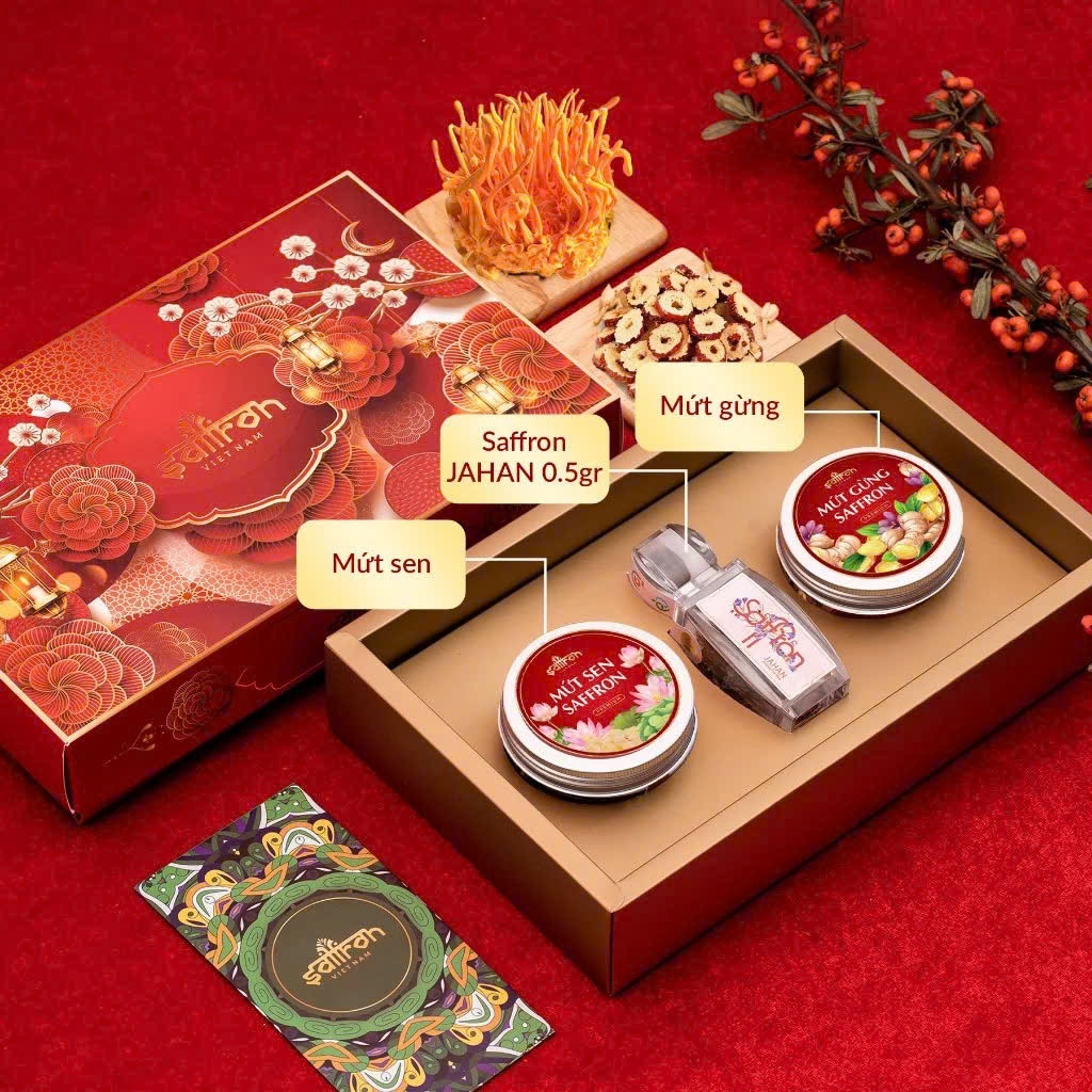 Hộp quà TẶNG  Saffron Nhụy Hoa Nghệ Tây Jahan 0.5Gr kèm  đông trùng, táo đỏ, trà hoa cao cấp