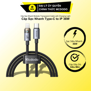  Cáp Sạc Nhanh Mcdodo 36W PD Type-C to Ln | Thiết Kế Trong Suốt Có Đèn LED 