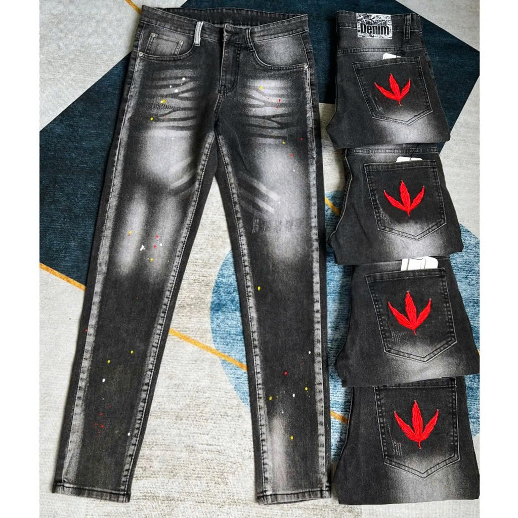 quần bò jean nam dài dsq đen xám rách thêu lá đỏ kiểu vẩy sơn cá tính,chất jean dày co giãn tốt chuẩ shop