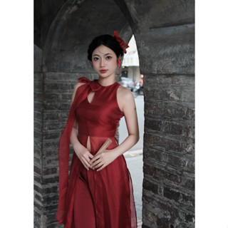 Áo Dài Đỏ Cách Tân Thắt Nơ Cổ Yếm Xẻ Tà Chất Liệu Tơ Lụa - NUAGE ATELIER