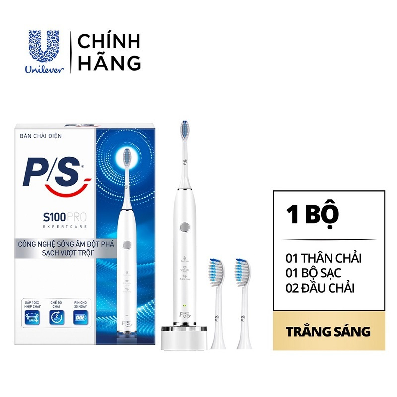 Bàn Chải Điện P/S S100 Pro, Sonic Expert Công Nghệ Sóng Âm Chải Sạch Mảng Bám Tới 10X - Trắng Sáng