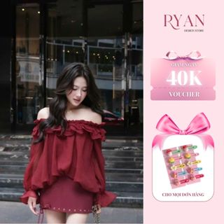 Set váy nữ tết, set áo trễ vai tay dài phối bèo và chân váy ngắn thời trang sang chảnh (H73) - Ryan Design Store