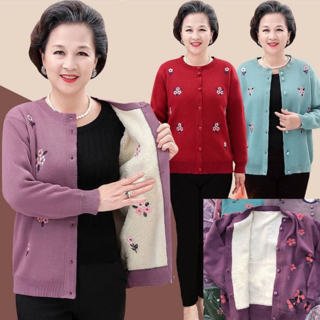Áo Len cardigan lót lông ấm áp thêu hoa siêu ấm cho mẹ và bà
