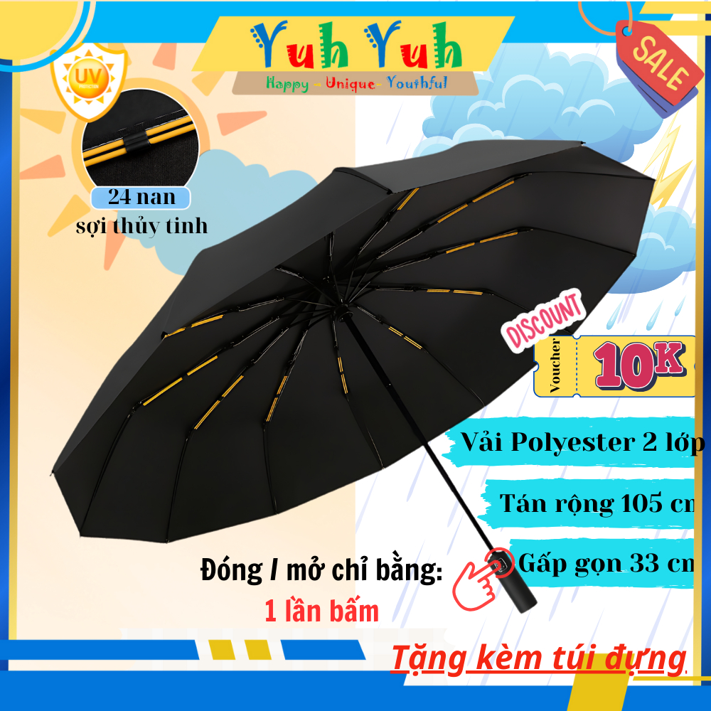 Ô dù 2 lớp gấp gọn, ô 24 nan tự động đóng mở 2 chiều, có túi đựng, che mưa, che nắng, chống tia UV