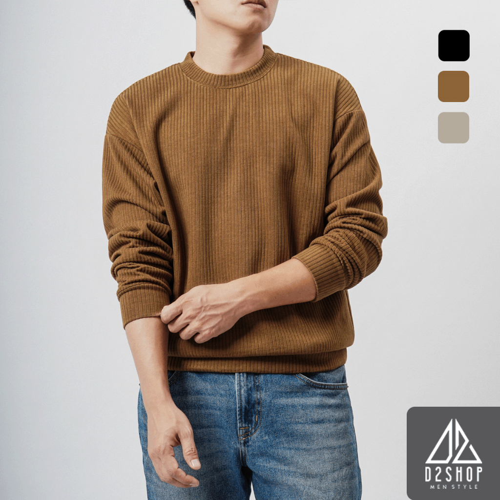Áo nỉ nam D2shop, vải gân sọc nổi, màu be, đen [TD-398]