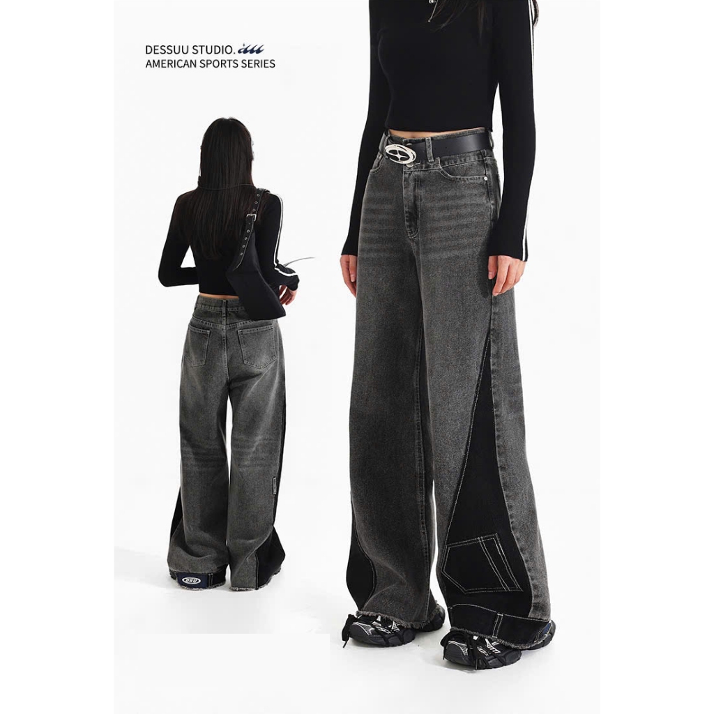 Quần denim cạp cao ống rộng Dessuu quần dài mùa thu dành cho nữ