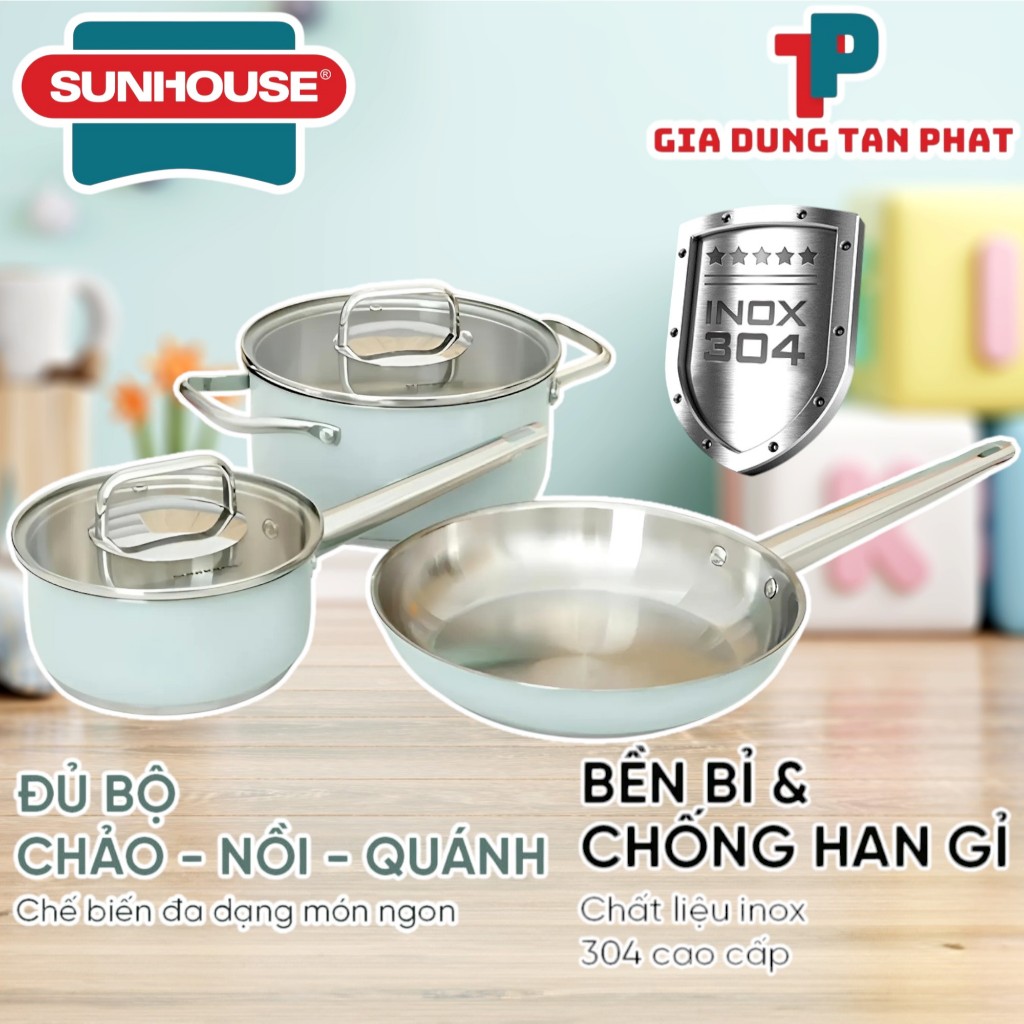 Bộ nồi chảo inox 304 Sunhouse SHG608 chất inox 304 đáy 3 lớp dùng với mọi loại bếp