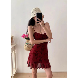 [HÀNG ĐẶT TRƯỚC] Đầm mini hai dây thun lưới ép hoa nhung #396