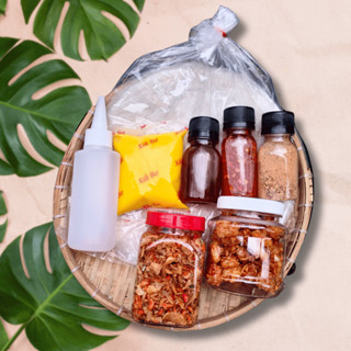 Bánh tráng phơi sương 150g, muối tép hành phi 100g, bơ 100g, chai muối sặc, hũ tóp mỡ (Tặng 2 nước sốt)