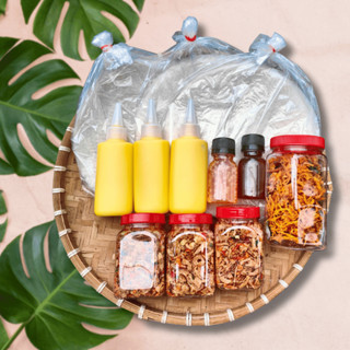 Bánh tráng phơi sương 450g, muối tép hành phi 300g, bơ 300g, hũ khô gà (Tặng 2 nước sốt)