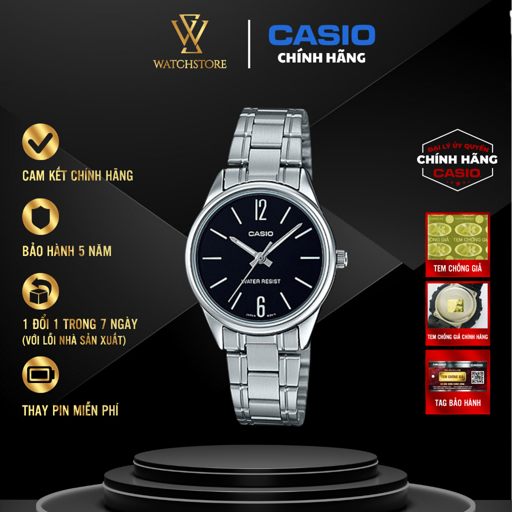 Đồng Hồ Nữ Casio LTP-V005D-1BUDF Màu Đen Kim Bạc Dạ Quang Kính Khoáng 28mm Chống Nước Dây Kim Loại K