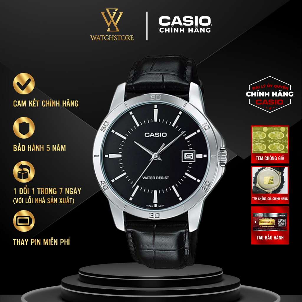 Đồng Hồ Nam Casio MTP-V004L-1AUDF Màu Đen Kim Bạc Mặt Kính Khoáng 41.5mm Chống Nước Vỏ Kim Loại Không Gỉ Chính Hãng