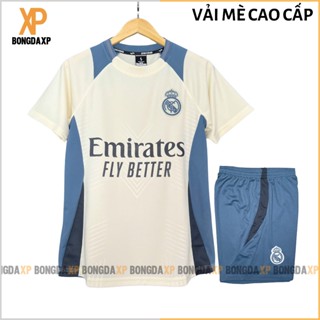 Quần Áo Đá Bóng Real Madrid Kem Xám 2024, Đồ Đá Banh Vải Mè Cao Cấp