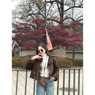 Áo khoác da lộn lót lông za.ra nâu Trầm dáng lửng