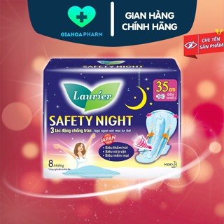 Băng vệ sinh Laurier Safety night 35cm có cánh (Gói 8 miếng) chống tràn, siêu thấm hút, mềm mại, vừa vặn cho đêm nhiều